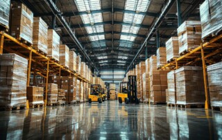 Entrepôt logistique avec chariots élévateurs en activité entre les rayonnages chargés