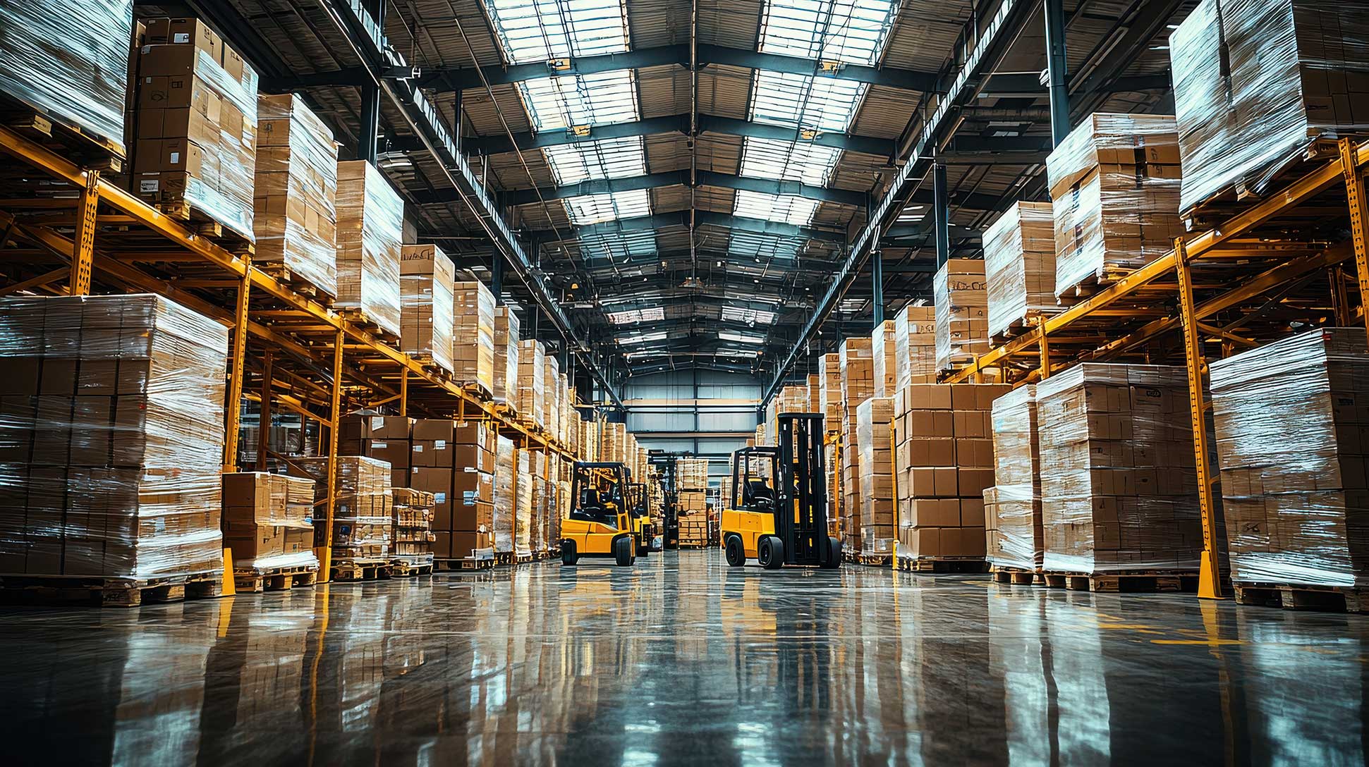 Entrepôt logistique avec chariots élévateurs en activité entre les rayonnages chargés Entrepôt logistique avec chariots élévateurs en activité entre les rayonnages chargés